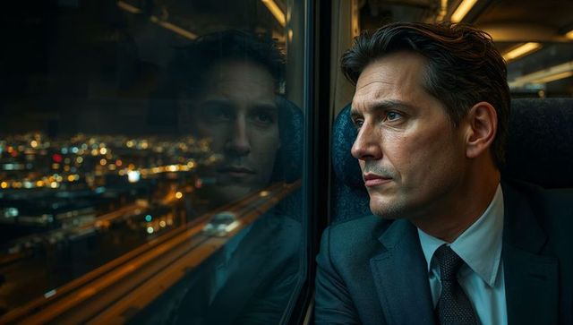 Businessman gazing through train window at night reflecting city lights and motion trails