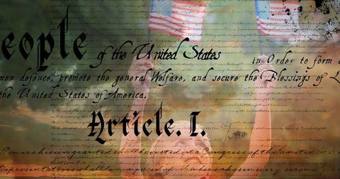 Patriotic Composition with US Flags and Constitution Text