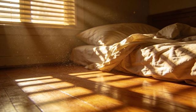 Morning sun streaming through blinds illuminating unmade bed with dust motes on hardwood