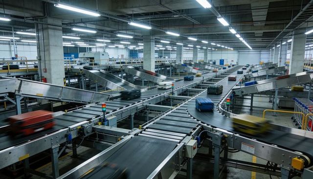 High-speed luggage sorting conveyors moving through automated logistics hub