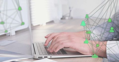 Business Professional Typing on Laptop with Network Icons