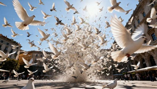 Exploding flock of white pigeons rising over sunlit european plaza with dust plume