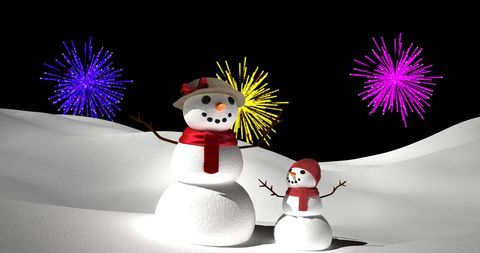 Festive Snowmen with Fireworks Celebrating Christmas Night
