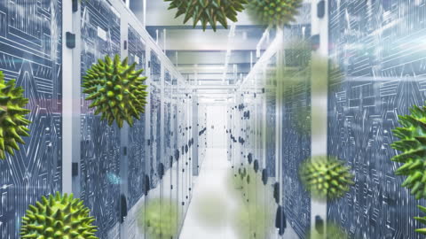 Virus Cells Floating Through High-Tech Server Room
