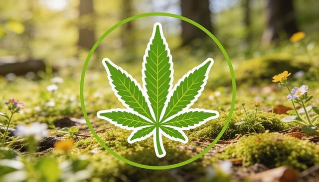 Green cannabis leaf emblem floating over mossy forest floor with wildflowers for branding