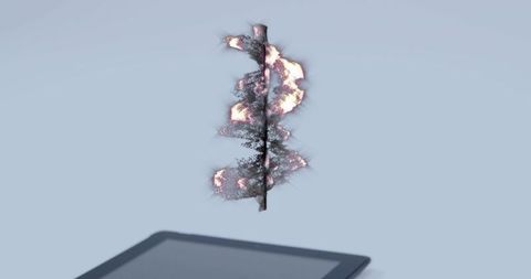 Glowing floating botanical branch hovering above tablet minimalist pastel desktop futuristic concept