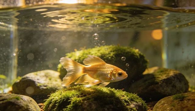 Golden goldfish swimming among moss-covered rocks in illuminated planted aquarium with soft glow