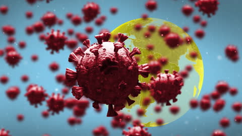 Animated Floating COVID-19 Cells Over Blue Globe Background