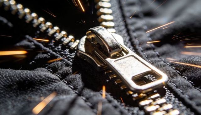 Macro closeup of metal zipper slider on quilted jacket with glowing sparks detail
