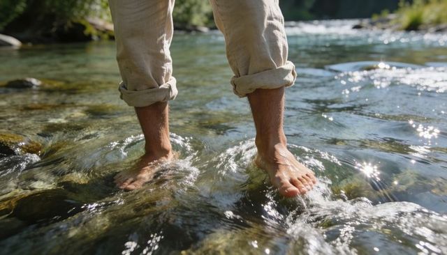 Wading Barefoot Through Sunlit Clear River Over Smooth Rocks With Rolled Pants