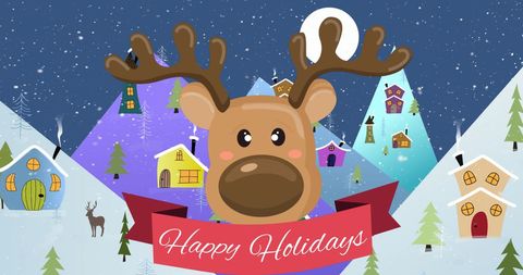Festive Reindeer with Happy Holidays Banner in Winter Wonderland