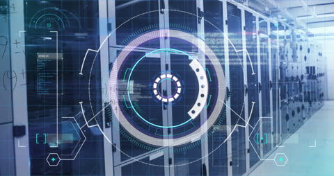 Futuristic Digital Interface Animating Over Server Room