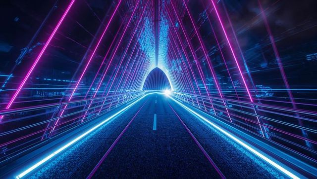 Futuristic Neon Tunnel with Triangular Frames on Asphalt Road