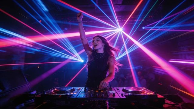Female dj mixing on decks under neon laser beams, performing energetic club night party