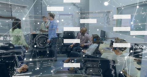 Diverse team presenting data and collaborating in modern office with network overlay