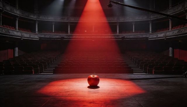 Red apple center stage bathed in dramatic spotlight in empty classical theater