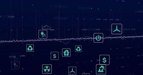 Futuristic Data Dashboard with Green Energy and Finance Icons