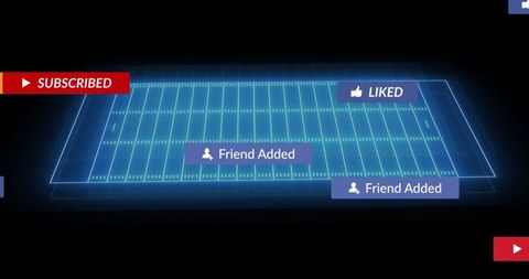 Glowing neon football field hud with social media notifications and digital ui overlay