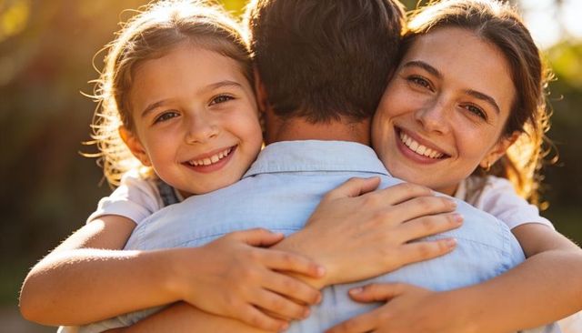 Golden hour family hugging mother and daughter embracing father smiling outdoors