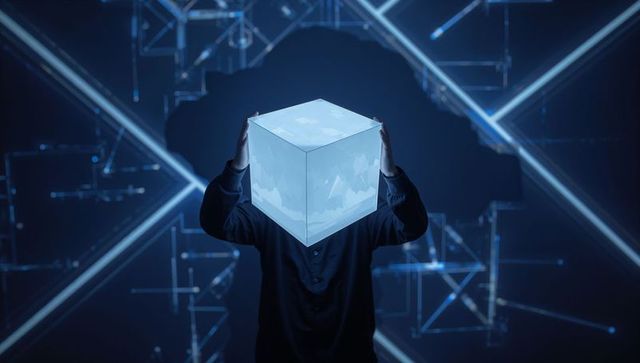 Man Holding Luminous Cube Above Head, Futuristic Hologram Grid and Network Beams