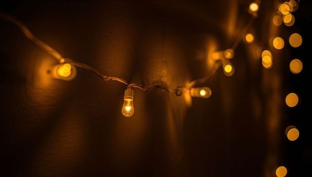 Glowing amber string lights creating cozy bokeh ambiance on textured wall