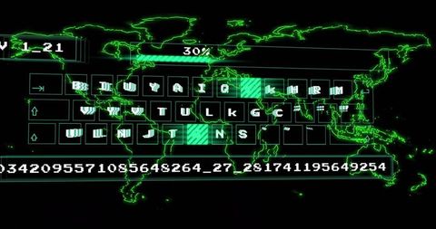 Glowing neon world map with virtual keyboard and cyber interface hud showing progress