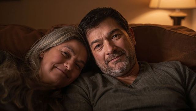 Middle-aged couple relaxing on sofa in cozy warm living room at night