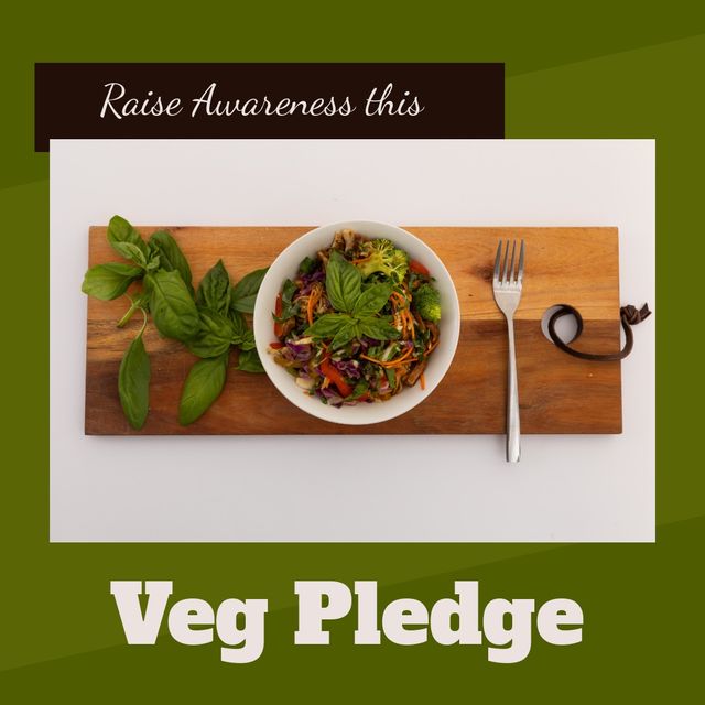 Image of dish on wooden board and raise awareness this veg pledge. Image of shopping bag with vegetables and veg pledge on orange background.