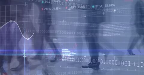 Financial Data Overlay with Businesspeople in Motion