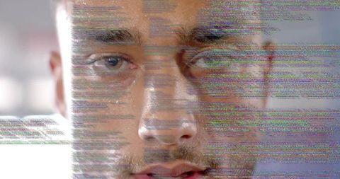Close-up of hispanic male face with glitch art digital distortion