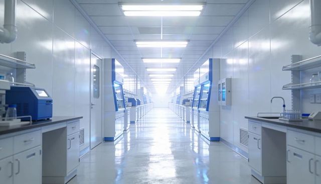 Showcasing high-tech cleanroom corridor featuring automated analyzers and sterile lab workflow