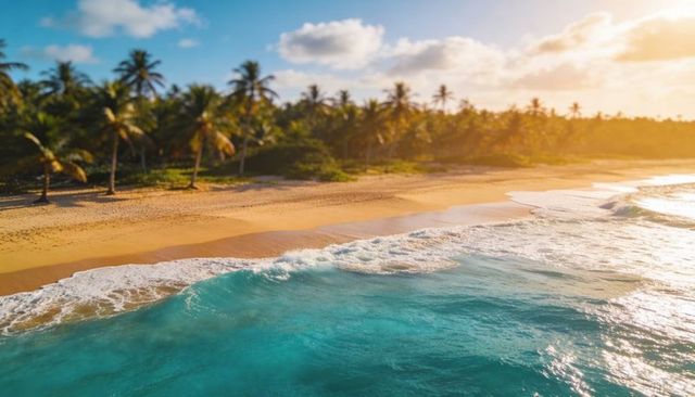 Sunlight streaming over turquoise waves breaking on palm-lined tropical sandy shore at golden hour