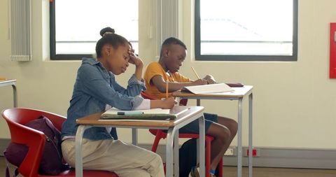 Focused Classmates Studying in Modern School Classroom Writing