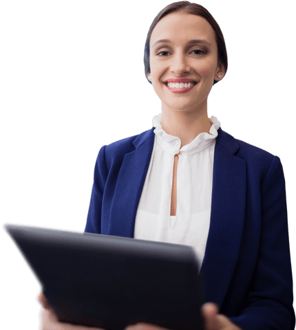 Transparent Smiling Businesswoman Holding Tablet