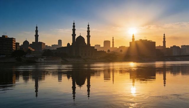 Sunrise silhouette mosque skyline over river with golden reflections and minarets