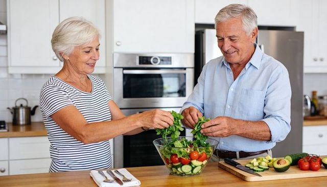 Senior couple preparing fresh salad in bright modern kitchen, healthy cooking together