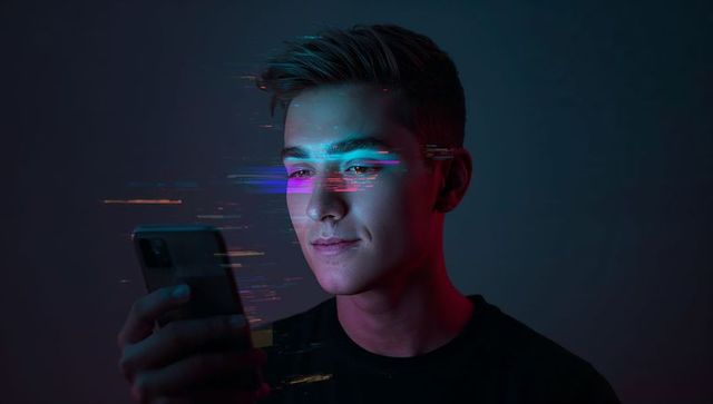 Young man immersed in neon glitch technology theme