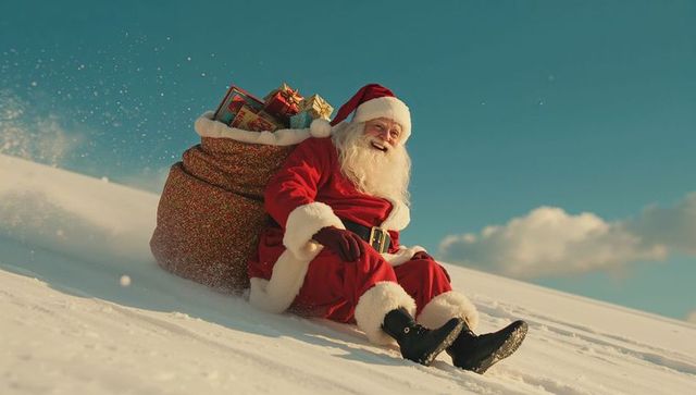 Santa Claus Enjoying Winter Snow with Heavily Packed Gift Sack
