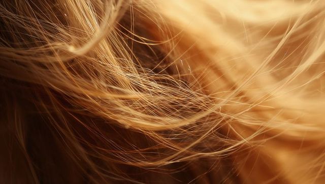 Macro light blonde hair strands glowing with warm backlit golden highlights