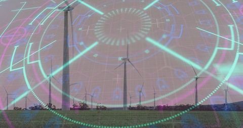 Wind Turbines Overlaid with Futuristic Digital Graphic Elements
