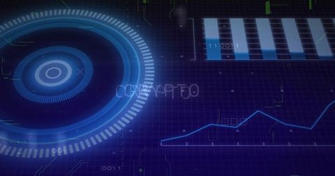 Futuristic crypto HUD with neon circular interface, analytics charts and binary data