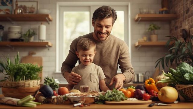 Father and son joyfully cooking together with fresh produce