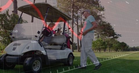 Senior Couple Enjoying Golf Amidst Economic Graph Visualization