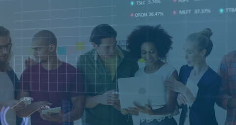 Diverse Team Collaborating with Financial Data Visuals