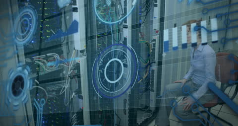 Tech Specialist Monitoring Data Wires with HUD Interface