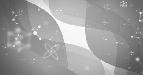 Monochrome science background featuring atomic icons, molecules, glow bokeh, flowing ribbons