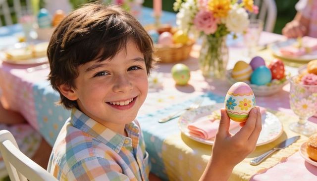 Smiling boy holding hand-painted easter egg at pastel garden brunch table for spring celebration