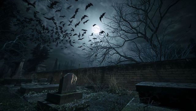 Bats Flying Over Moonlit Cemetery During a Foggy Night