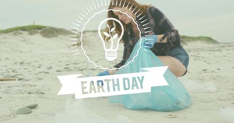 Volunteer Cleaning Beach on Earth Day Collecting Plastic Litter with Blue Gloves and Bag