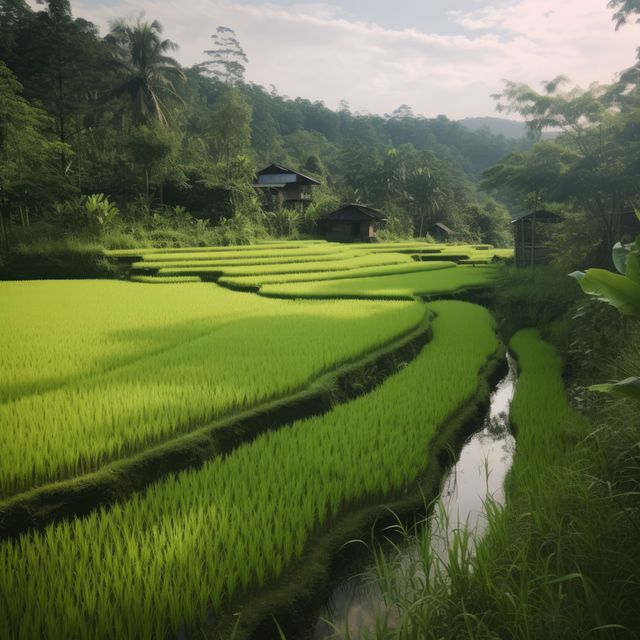 General view of rice fields with farmhouse, created using generative ai technology. Rice fields, farming and nature concept digitally generated image.